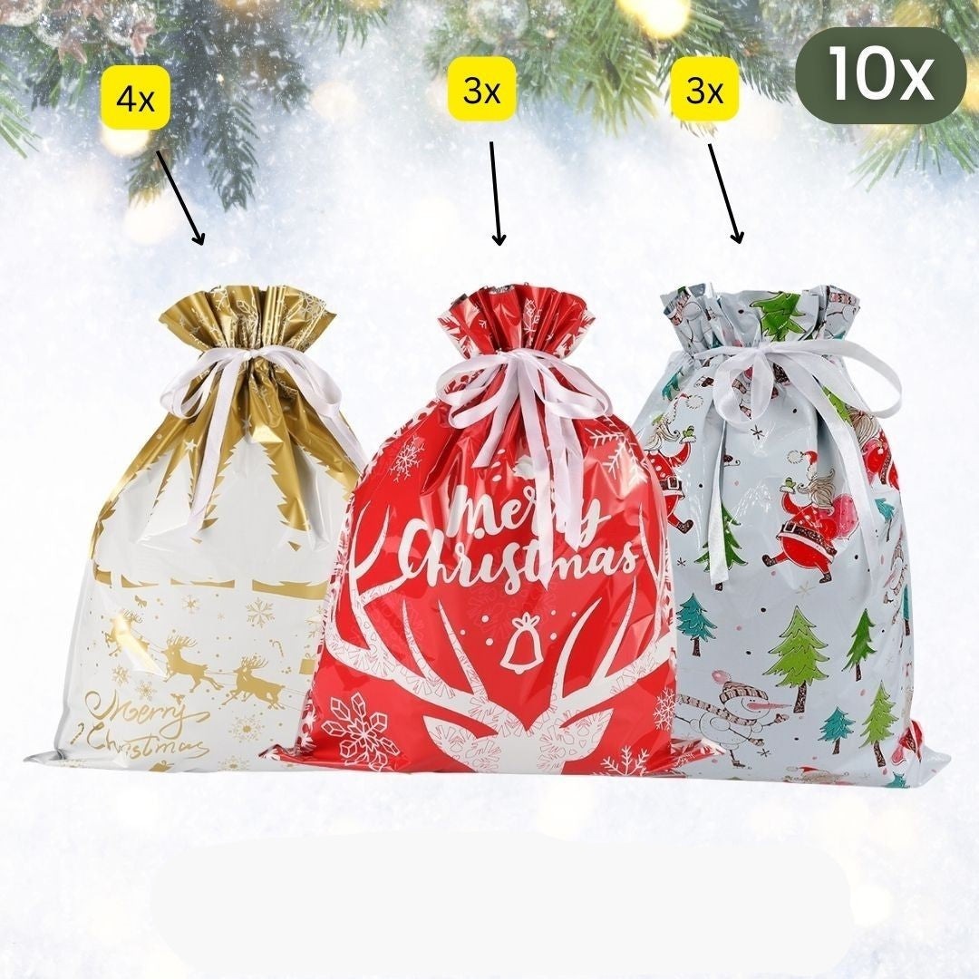 Three Christmas-themed gift bags with quantities indicated above them on a white background.