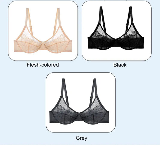 Three color options flesh black gray full coverage minimizer bras with delicate lace overlay mesh design