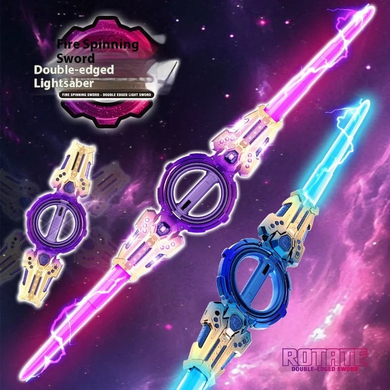 Three color variants of fire spinning sword toy - purple, pink, and blue lightsaber models