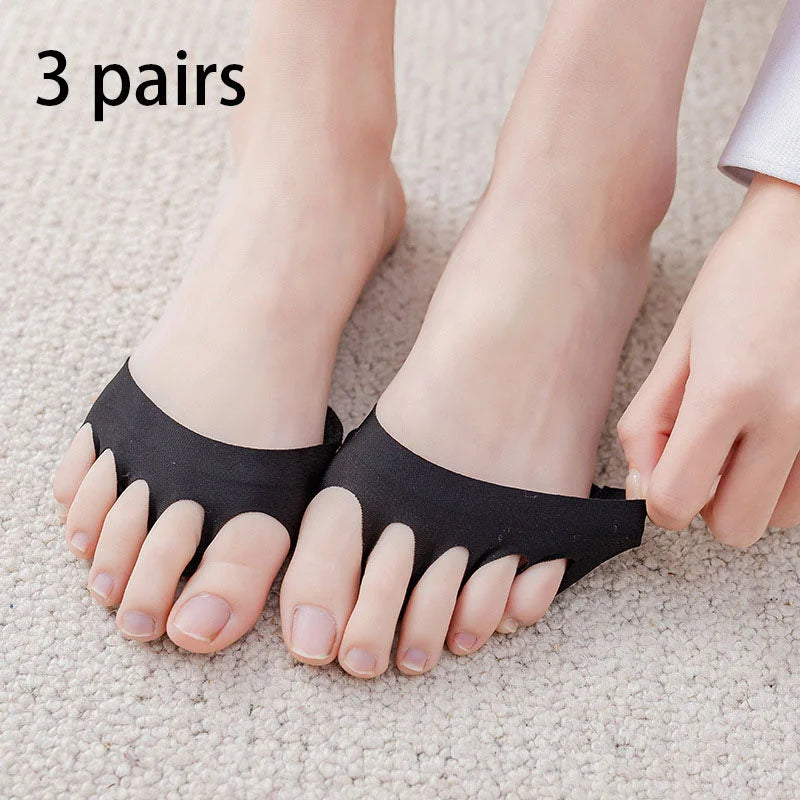 Three pairs of black forefoot pad socks being worn - seamless half sole cushion set bundle