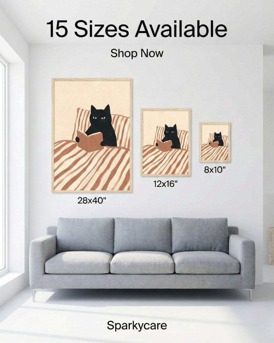 Three wall art prints of a black cat reading a book on a beige background, displayed in front of a gray sofa with size information and 'Sparkycare' branding.