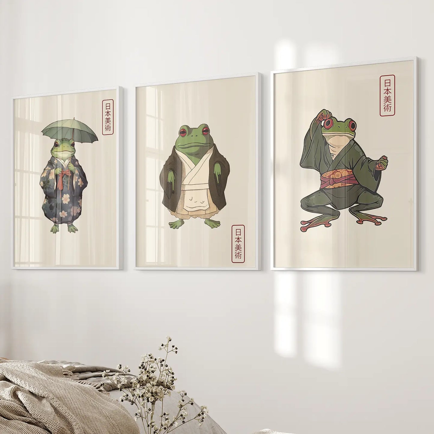 Whimsical Japanese Frog Wall Art Set of 3 Prints