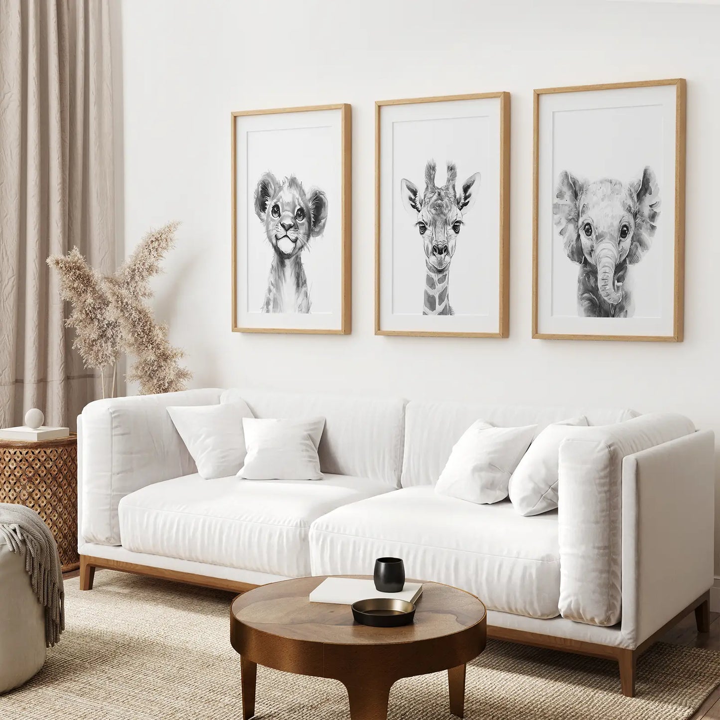 Black and White Jungle Nursery Wall Art Set of 3 - Lion, Giraffe, Elephant