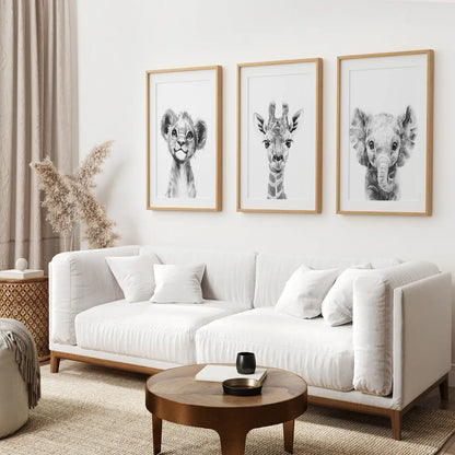 Black and White Jungle Nursery Wall Art Set of 3 - Lion, Giraffe, Elephant