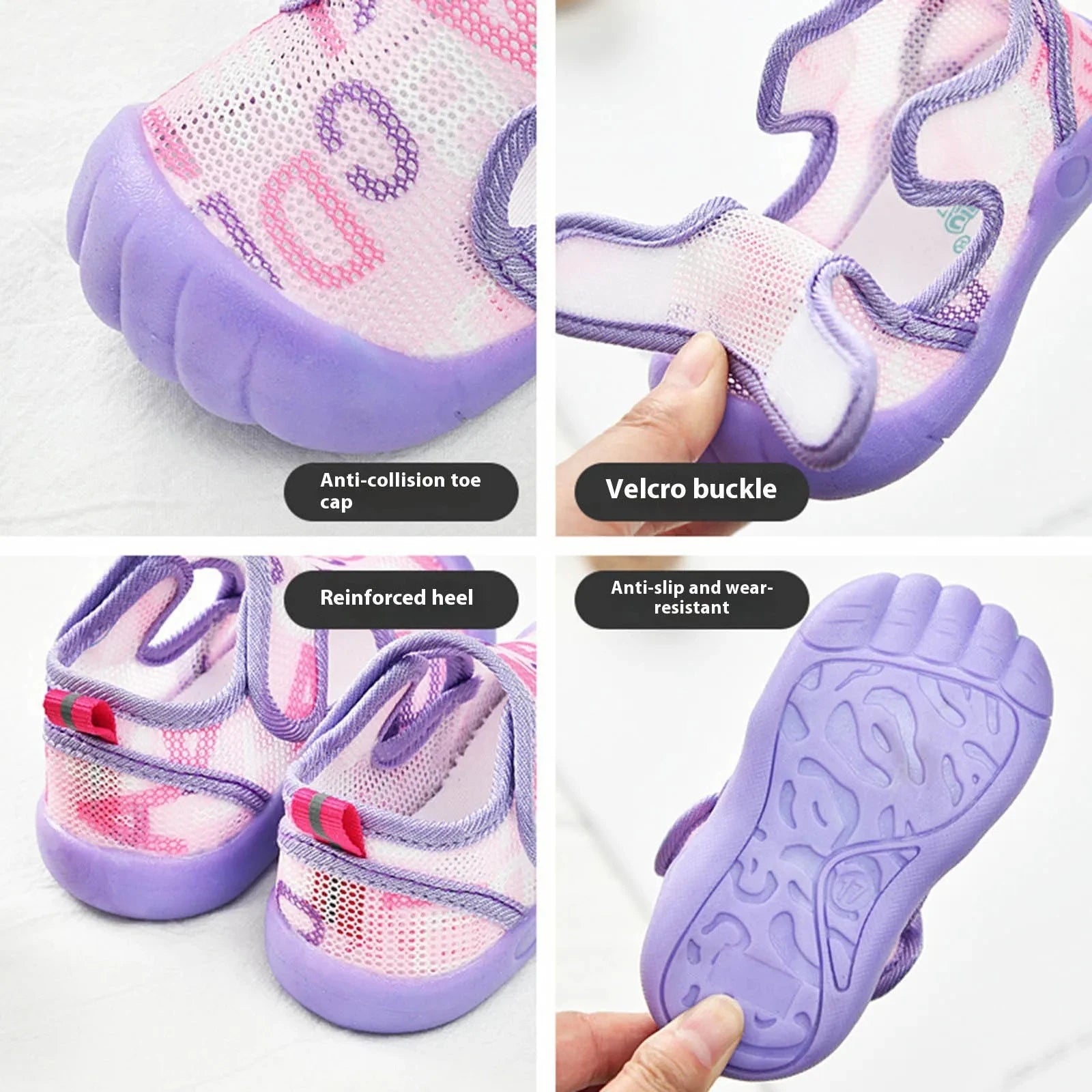 Toddler aqua shoes showing anti-collision toe cap and velcro buckle closure detail