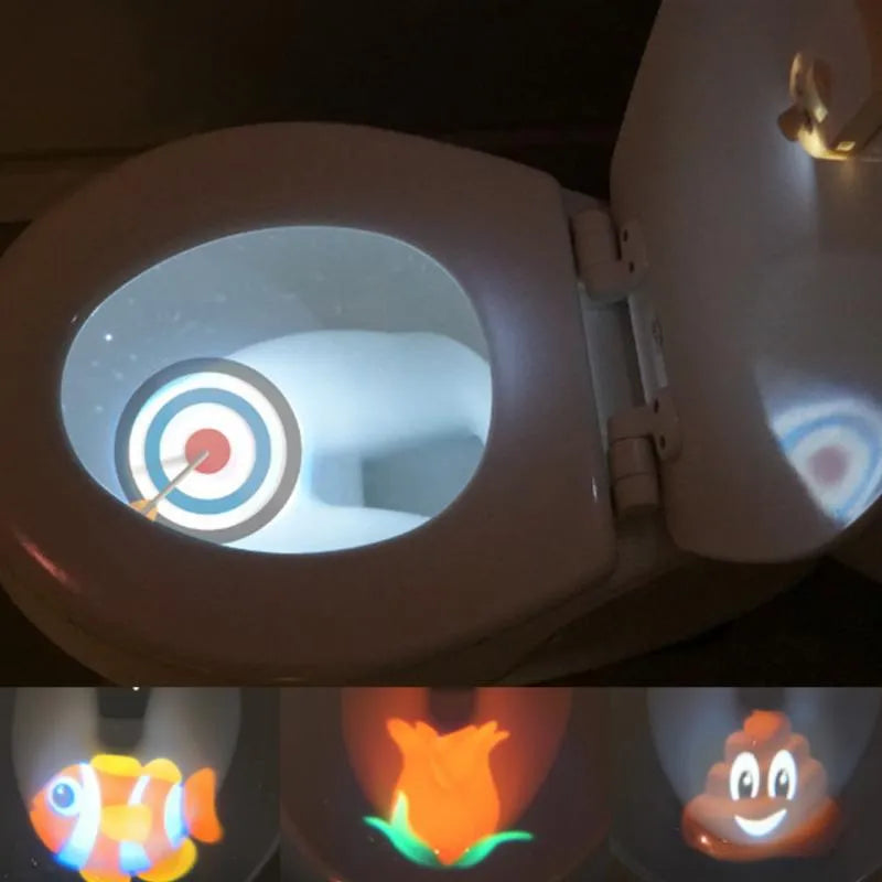 Toilet bowl projection lamp showing target pattern inside bowl