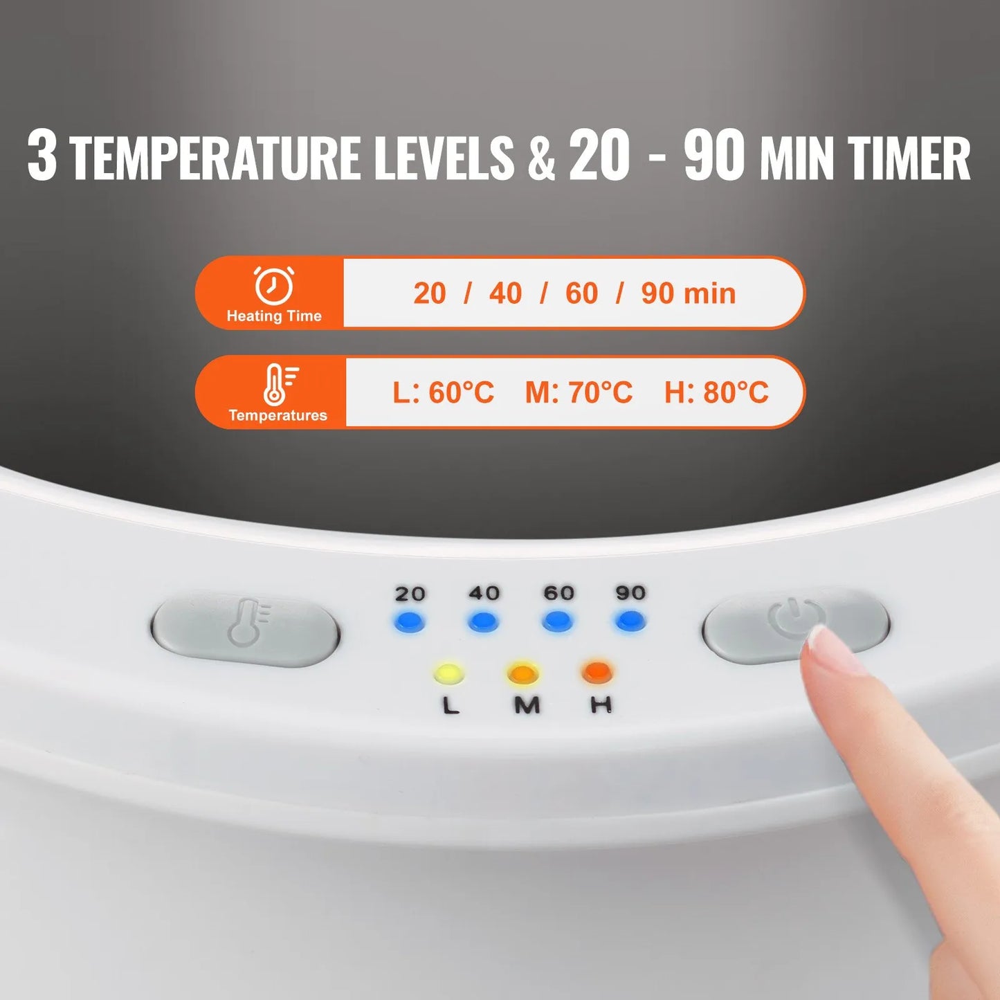Towel warmer bucket control panel showing 3 temperature settings and 4 timer options with LED lights
