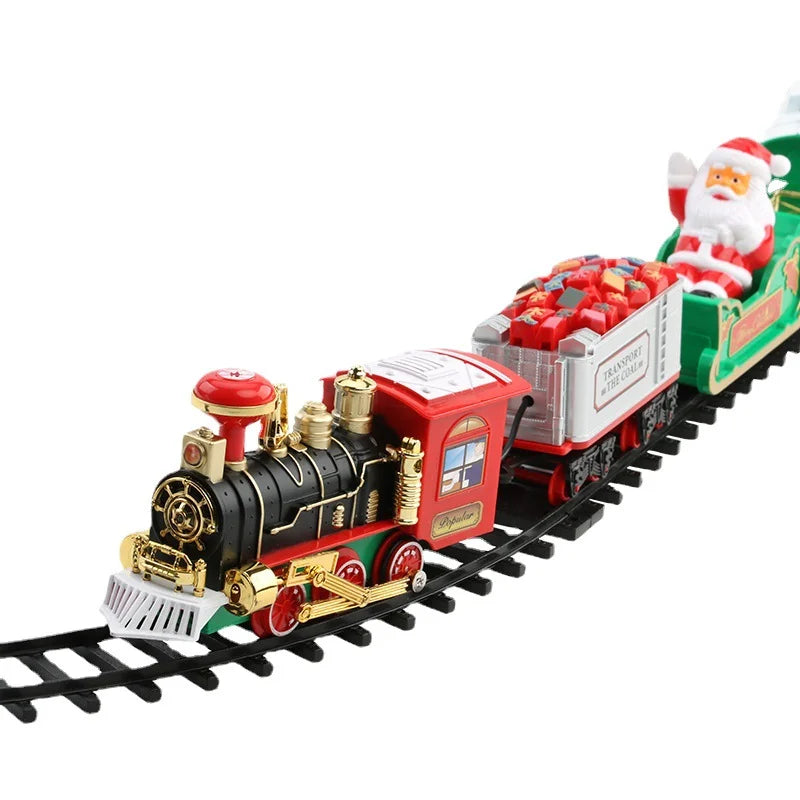 Toy train set with Santa Claus figure on a white background