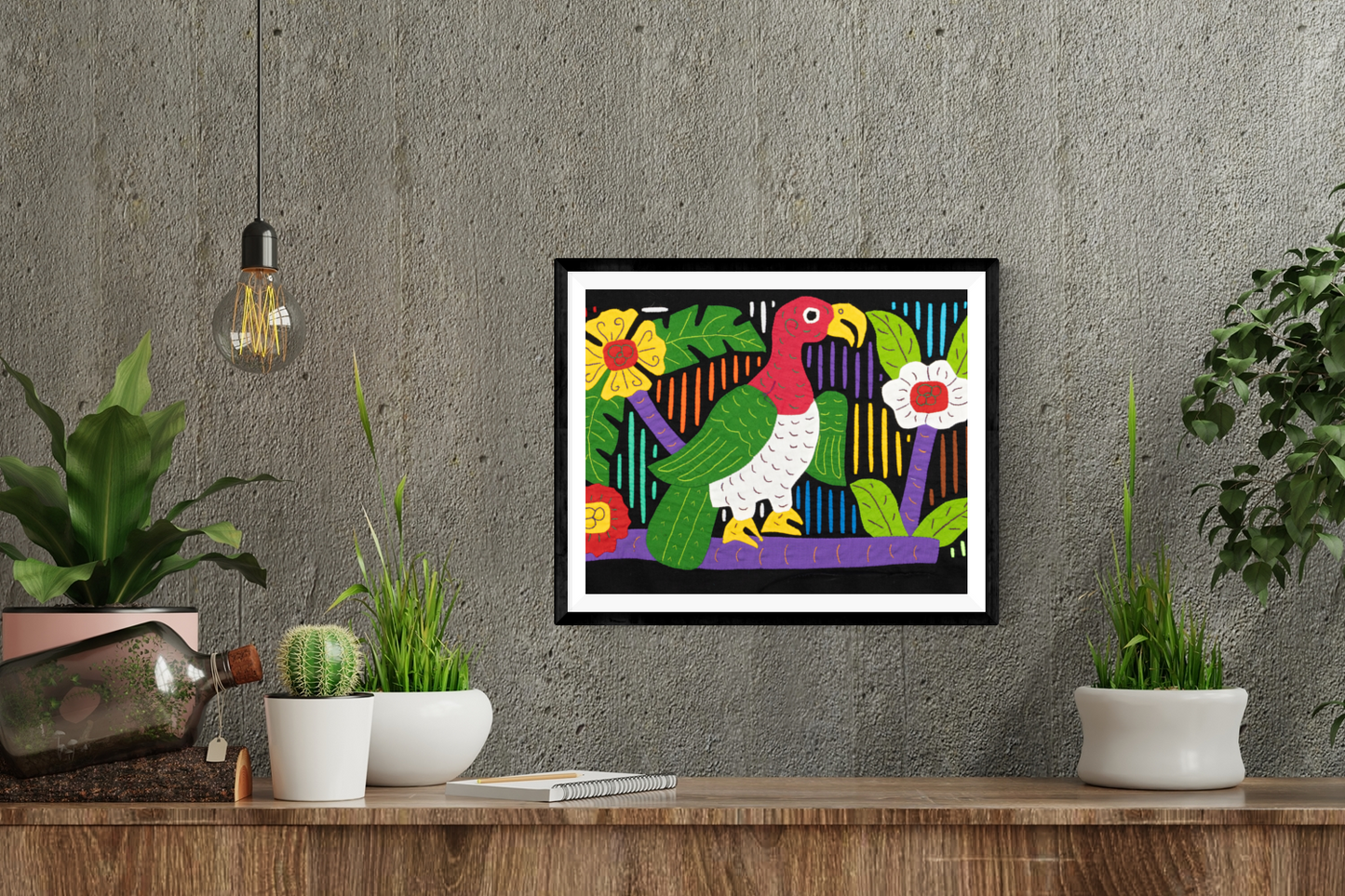 Redhead Bird Mola Tapestry Folk Art Wall Hanging