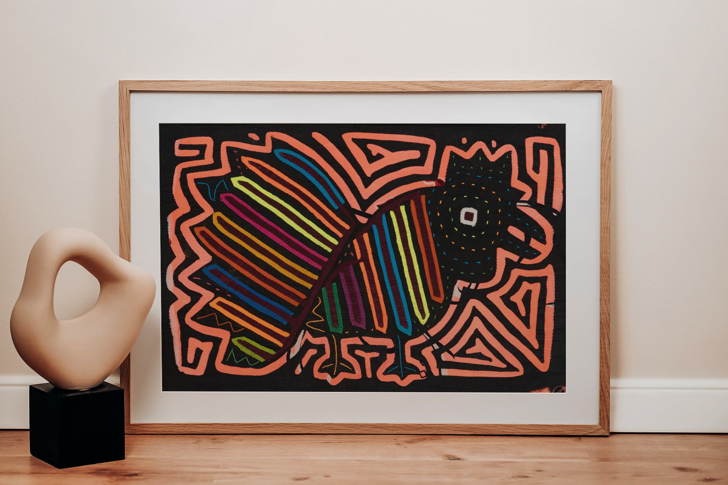 Pink Rooster Mola Tapestry Folk Art Wall Hanging