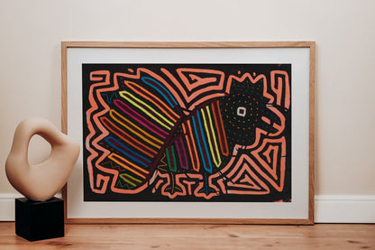 Pink Rooster Mola Tapestry Folk Art Wall Hanging