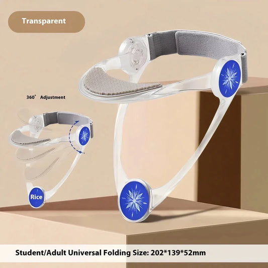 Transparent adjustable neck brace with padded chin support shown on display stand.