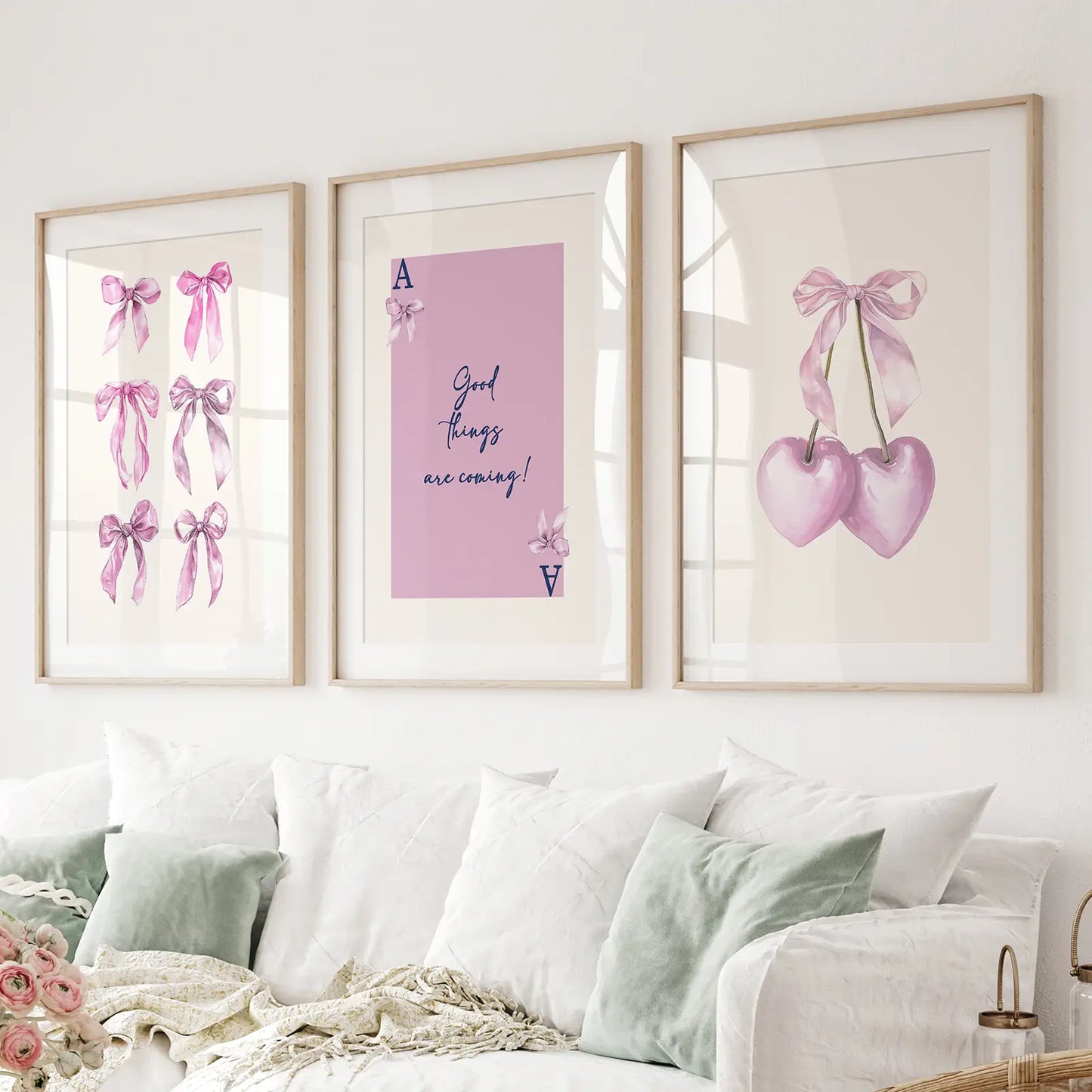 Pink bows girly wall art set of 3 prints with cherries