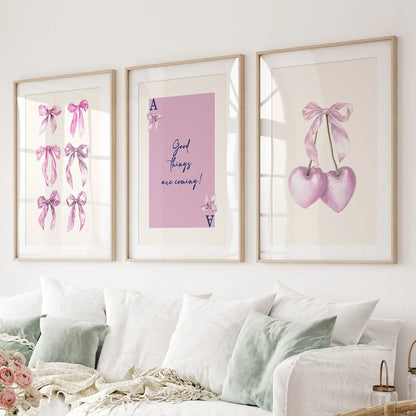 Pink bows girly wall art set of 3 prints with cherries