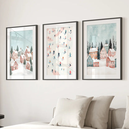 Winter Village Christmas Wall Art Set of 3 Prints