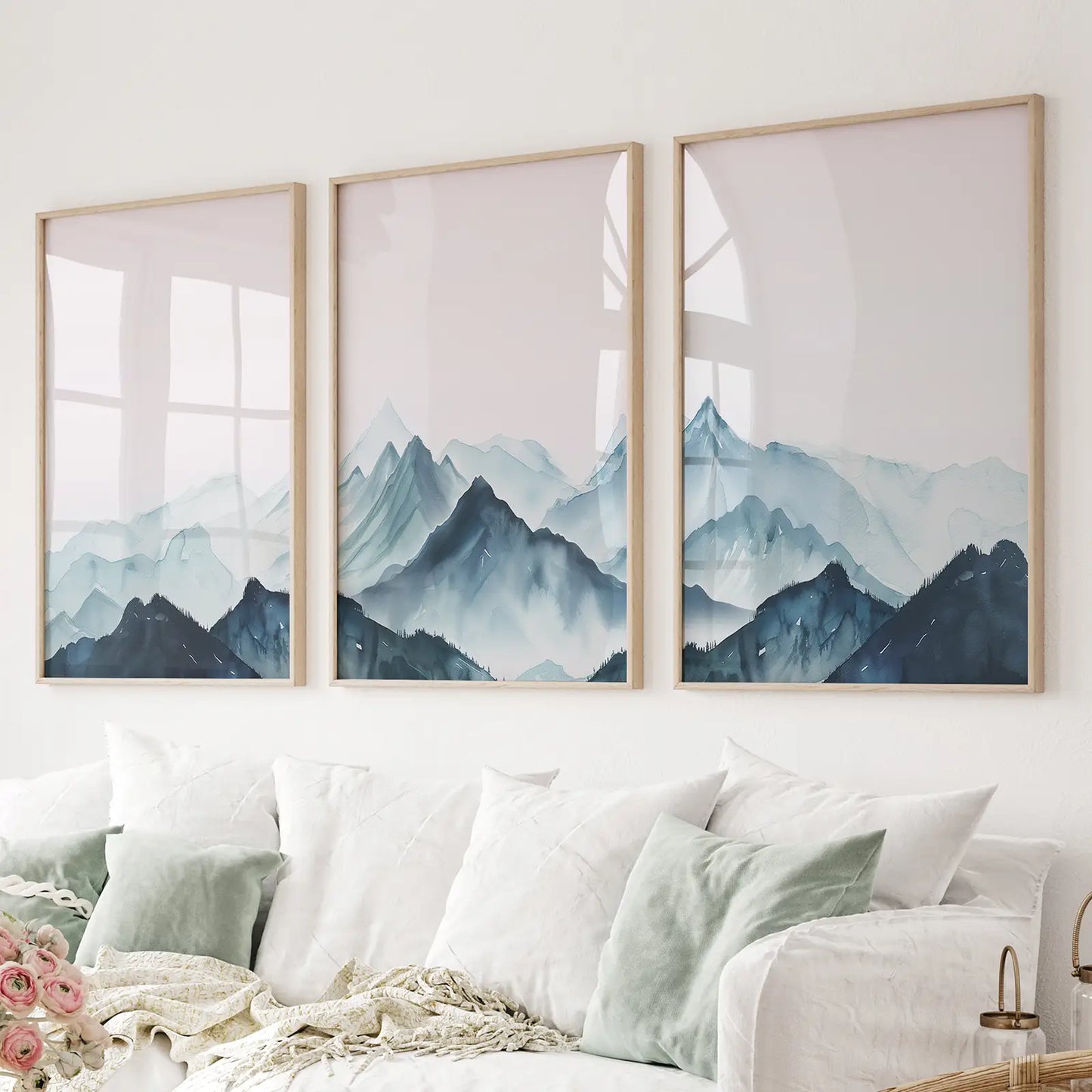 Modern Blue Mountain Landscape Wall Art Set of 3