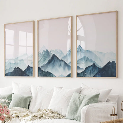 Modern Blue Mountain Landscape Wall Art Set of 3