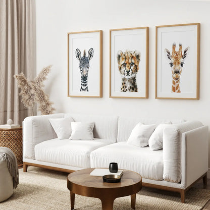 Neutral Safari Nursery Wall Art Set of 3 - Zebra, Cheetah, Giraffe
