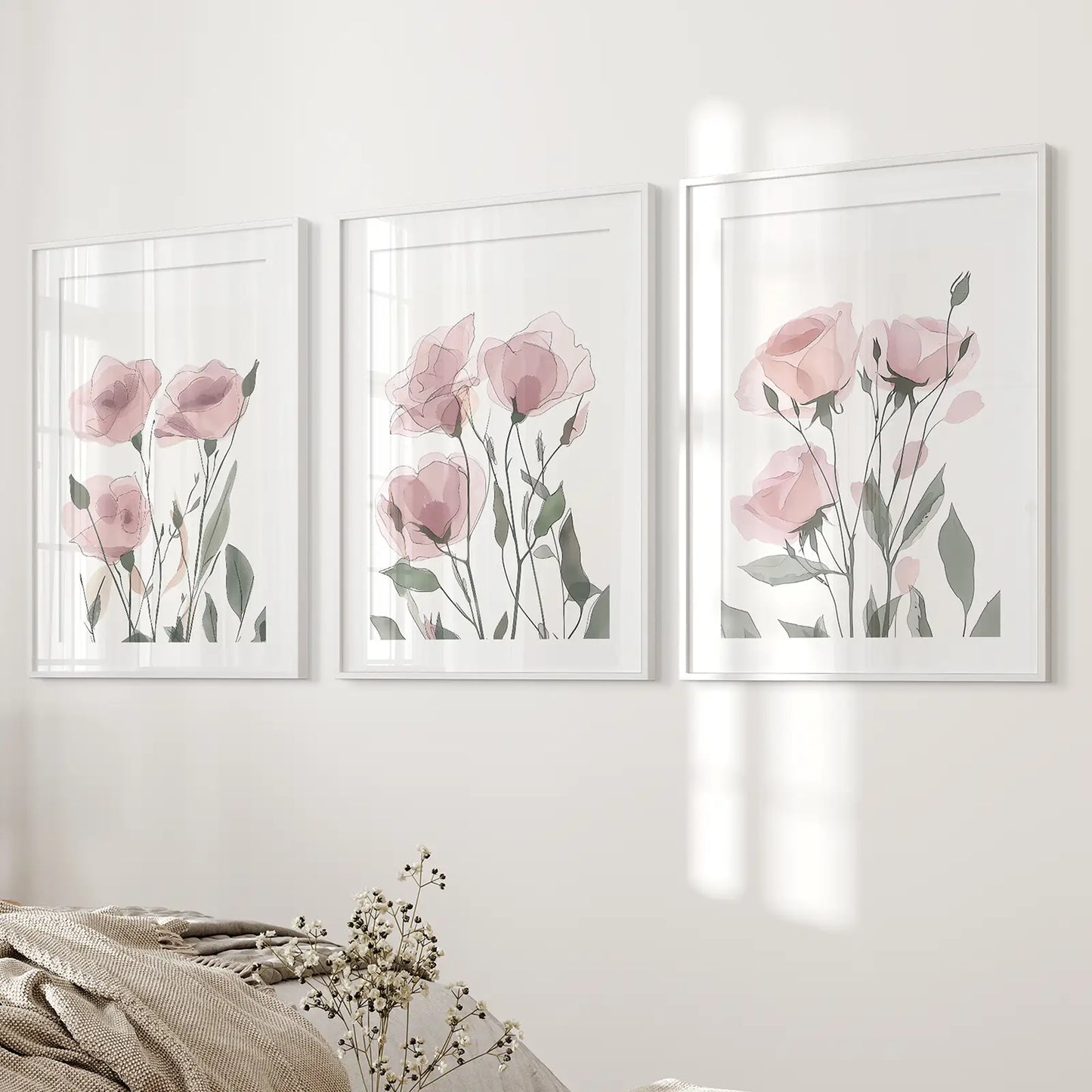 Blush Pink Watercolor Flowers Wall Art Set of 3
