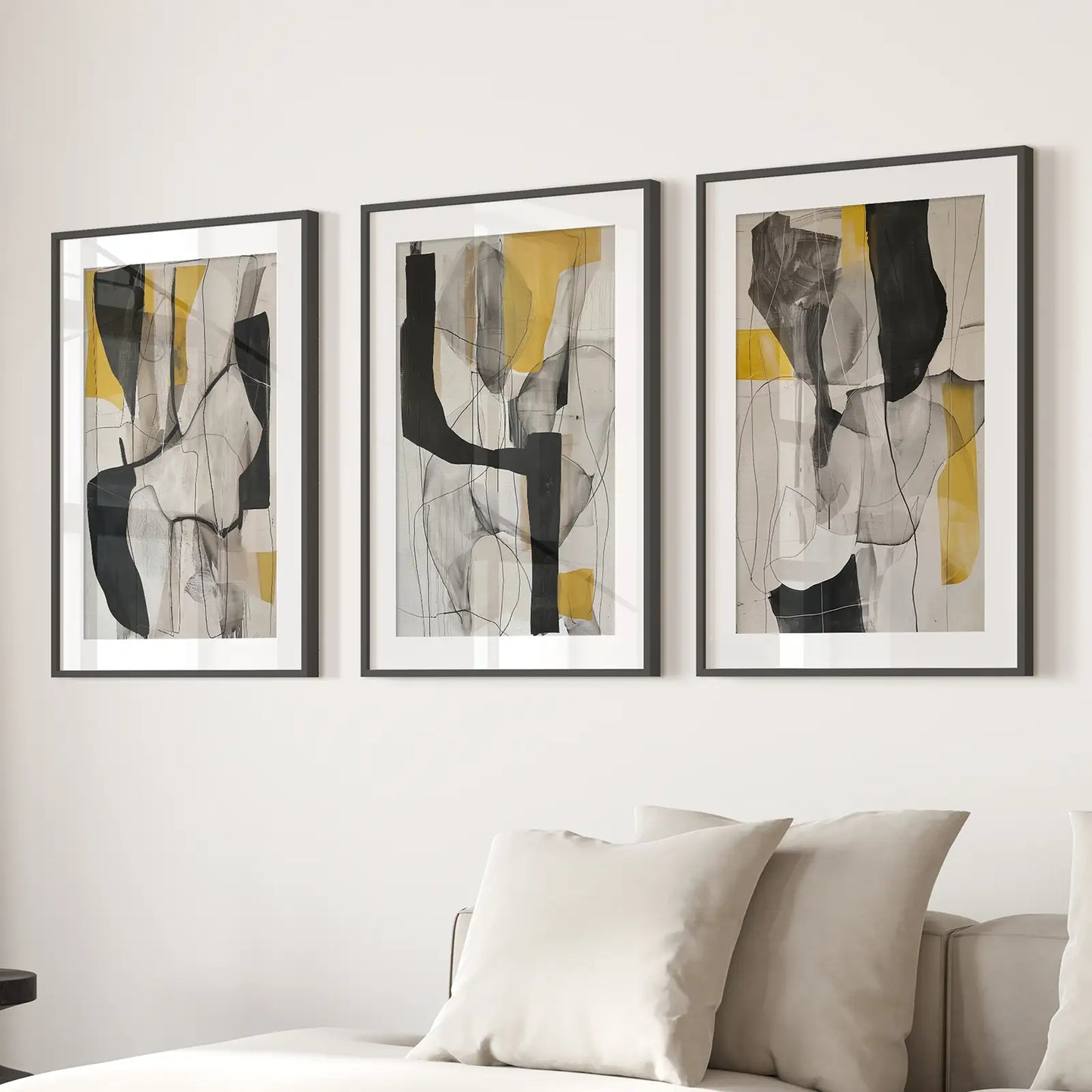 Golden abstract shapes wall art set of 3 modern prints