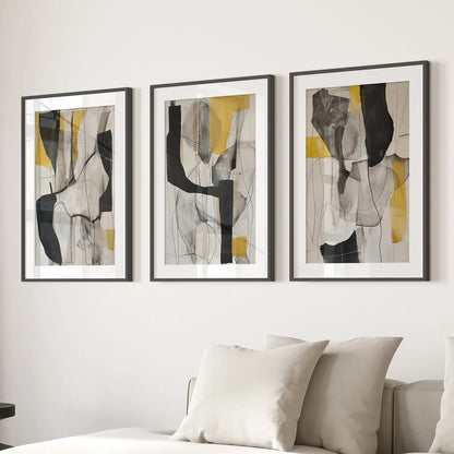 Golden abstract shapes wall art set of 3 modern prints