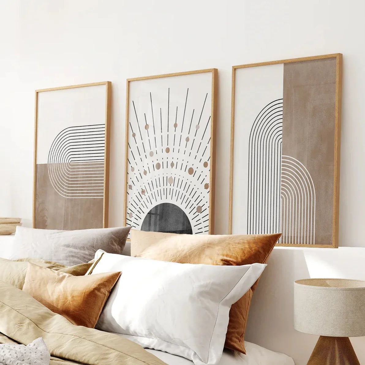Trendy mid-century boho wall art set of 3 prints in neutral tones with black accents