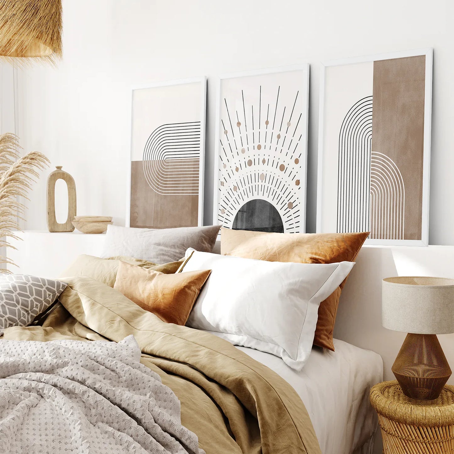 Trendy Mid-Century Boho Wall Art Set of 3, Neutral Prints