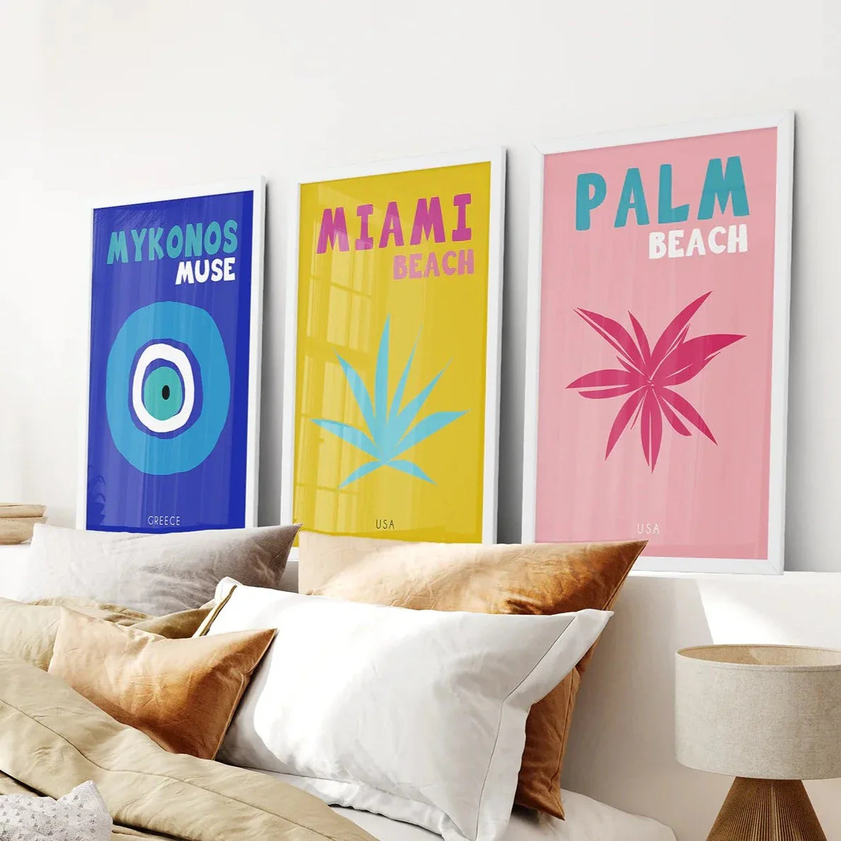 Maximalist travel beach resort wall art set of 3, Miami Mykonos Palm Beach