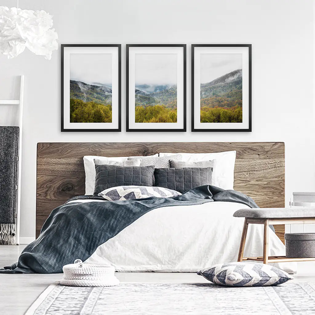 Foggy Mountain Forest Wall Art Triptych. Green Pines
