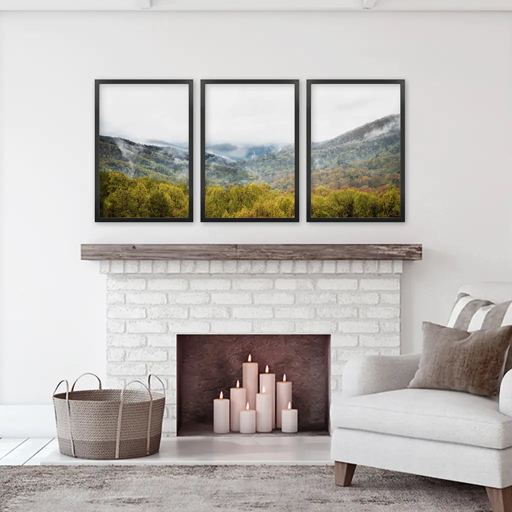 Foggy Mountain Forest Wall Art Triptych. Green Pines