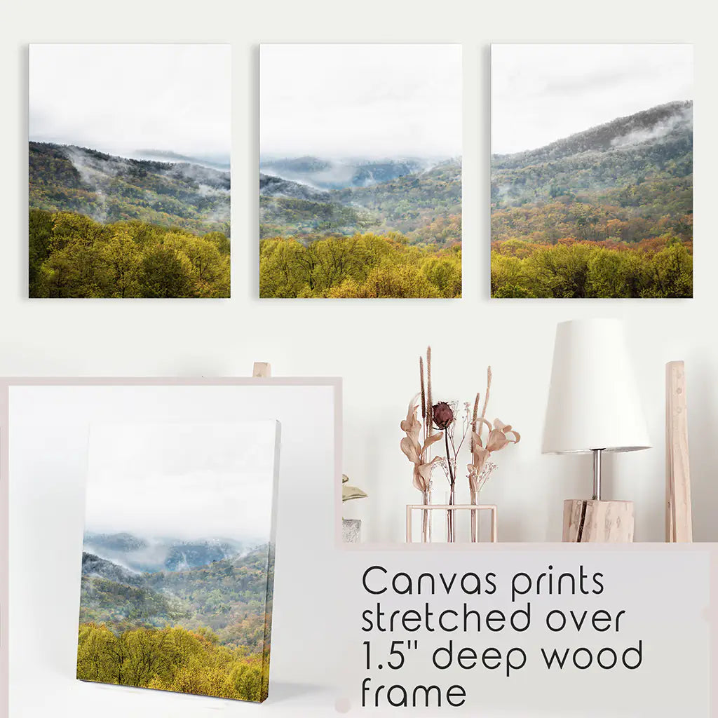 Foggy Mountain Forest Wall Art Triptych. Green Pines
