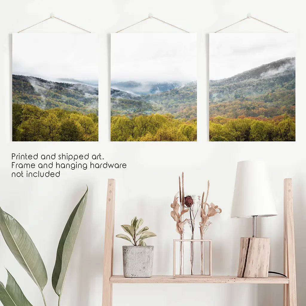 Foggy Mountain Forest Wall Art Triptych. Green Pines