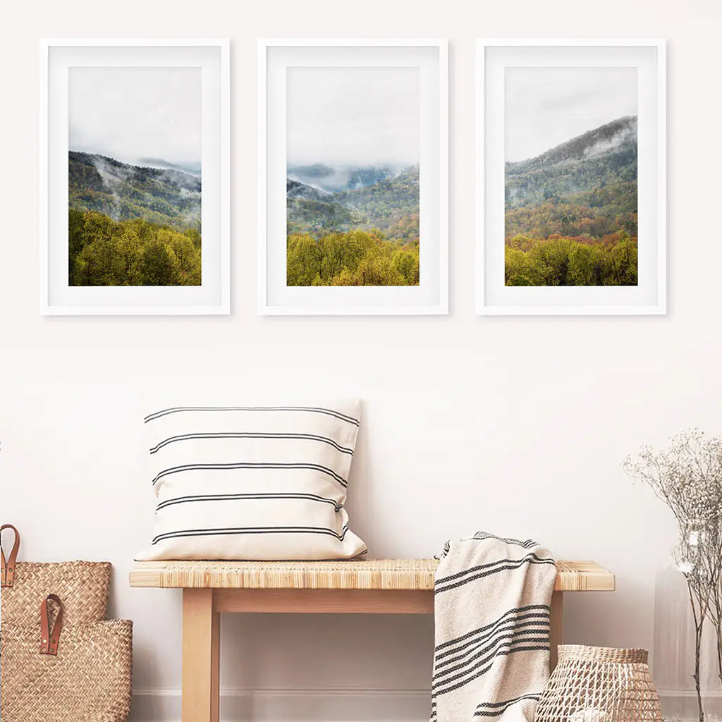 Foggy Mountain Forest Wall Art Triptych. Green Pines