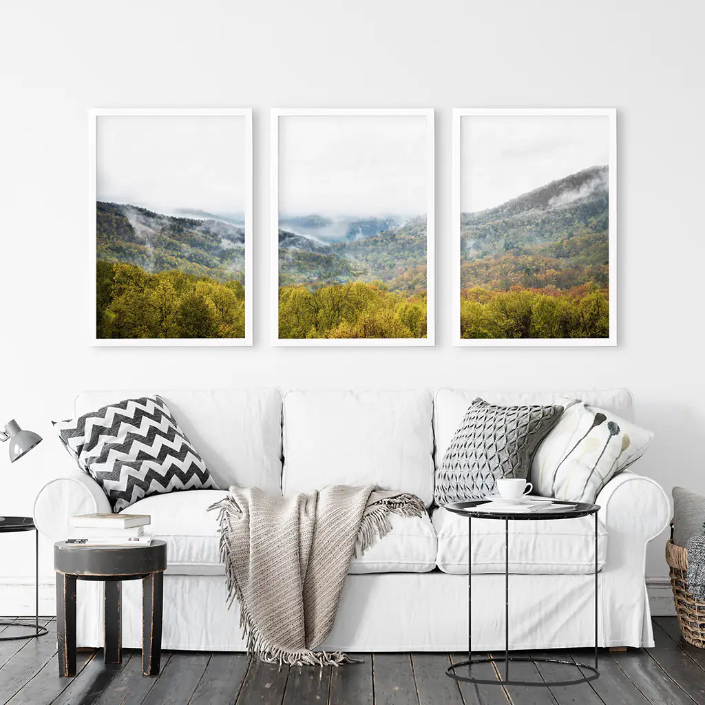 Foggy Mountain Forest Wall Art Triptych. Green Pines