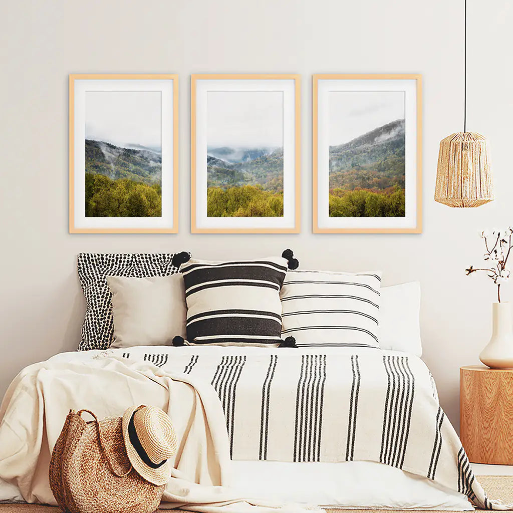 Foggy Mountain Forest Wall Art Triptych. Green Pines