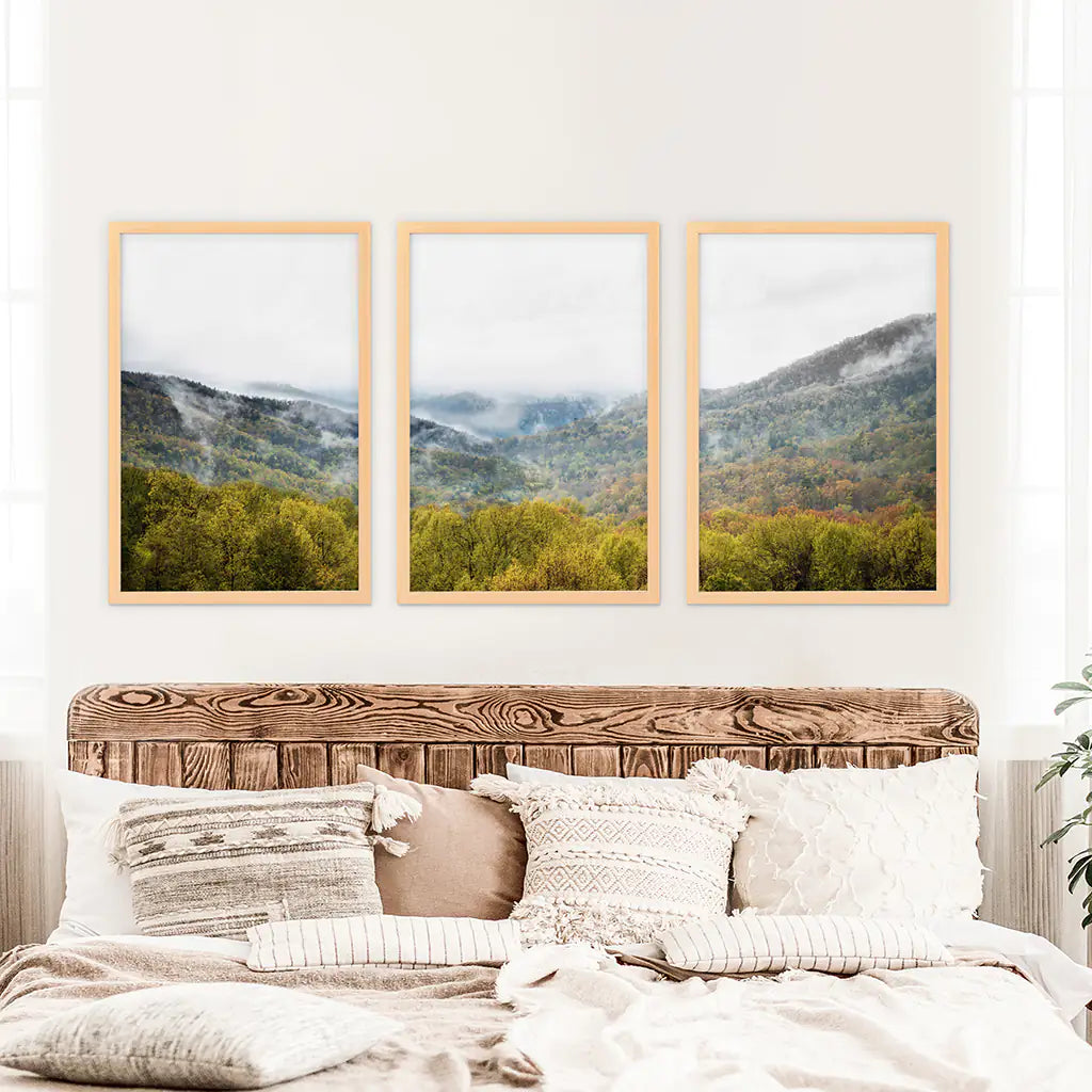 Foggy Mountain Forest Wall Art Triptych. Green Pines