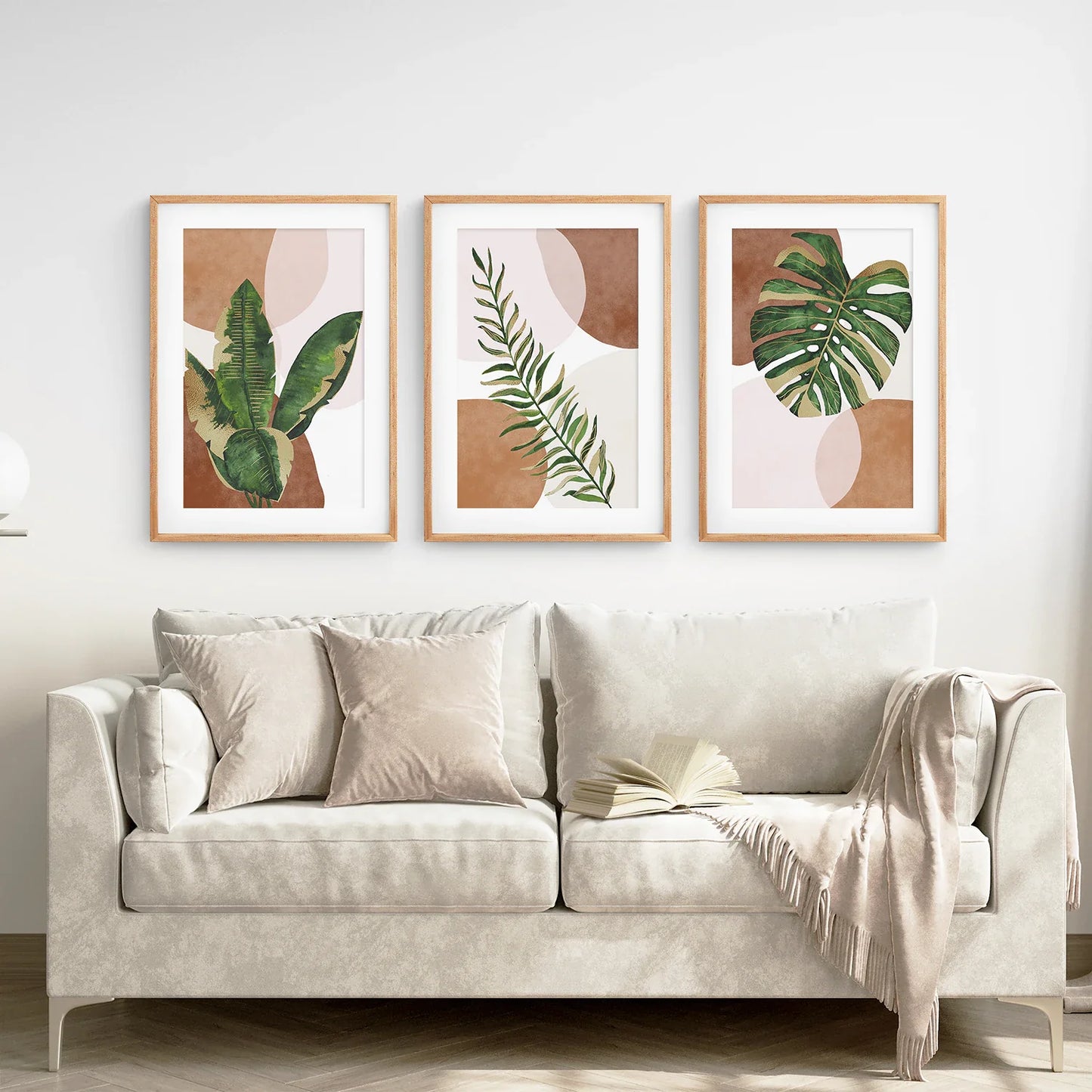 Terracotta Boho Wall Art Set of 3, Green Tropical Leaves