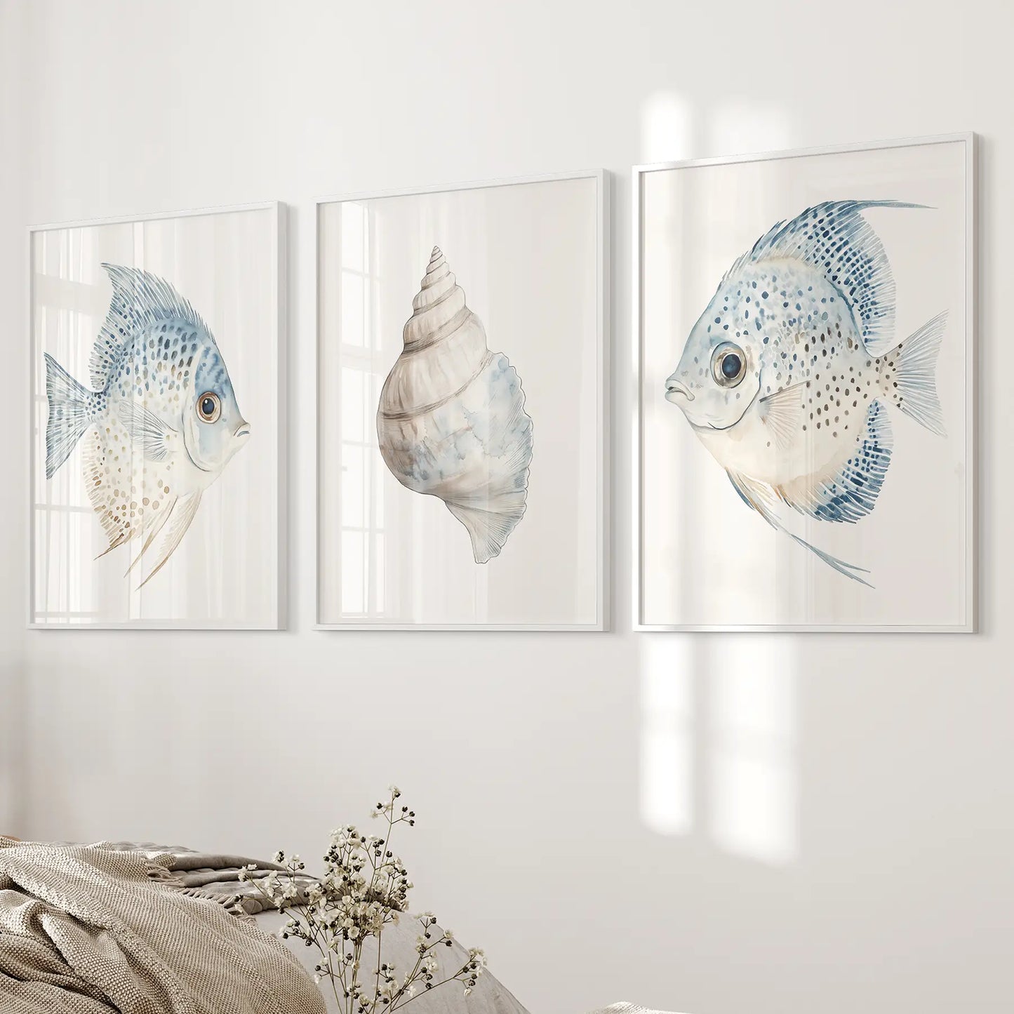 Trendy Nautical Seashell and Fish Wall Art Set of 3