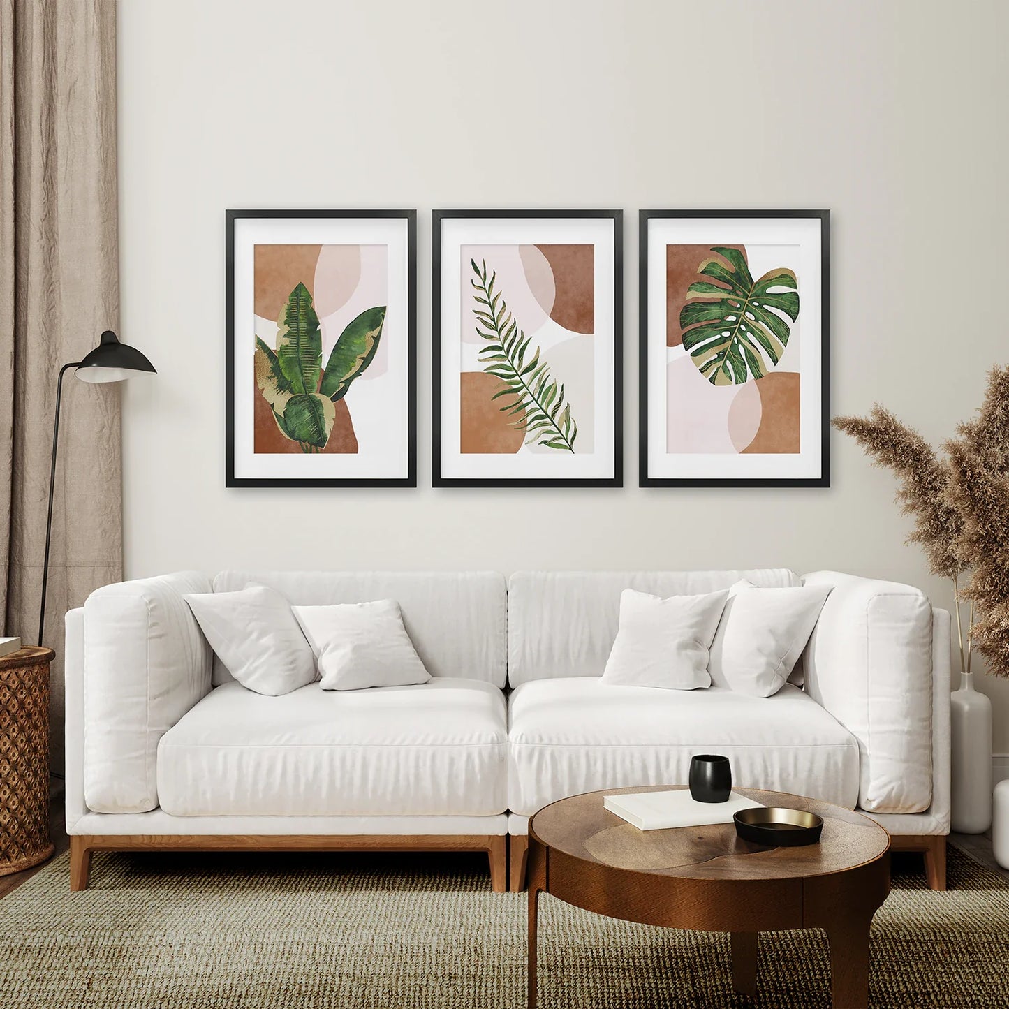 Terracotta Boho Wall Art Set of 3, Green Tropical Leaves