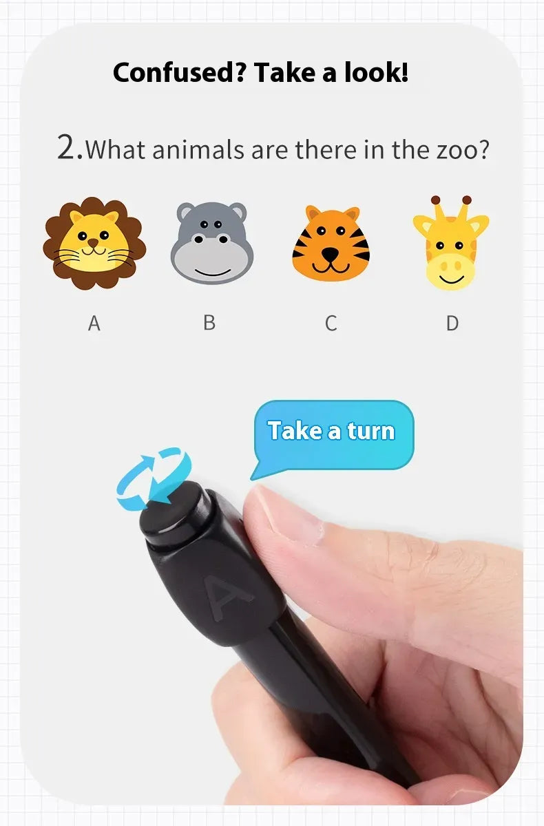 Turning Pen with a stylus tip held by a hand, above a question about animals in the zoo with cartoon illustrations.