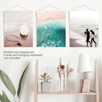 California Surf Wall Art Set, Beige and Turquoise Coastal Prints
