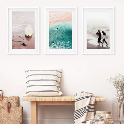 California Surf Wall Art Set, Beige and Turquoise Coastal Prints