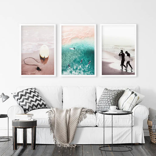 California Surfing Vibe. Beige Turquoise Coastal Prints Set