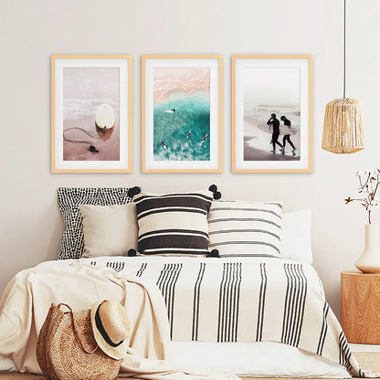 California Surf Wall Art Set, Beige and Turquoise Coastal Prints
