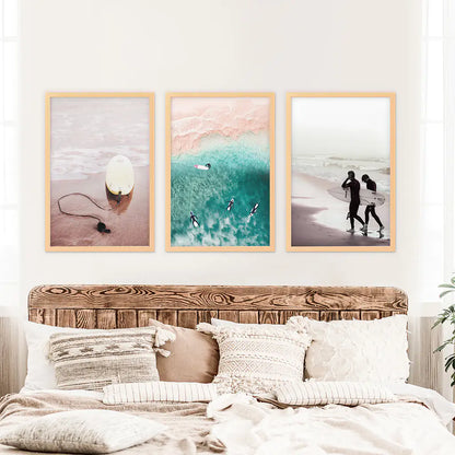 California Surf Wall Art Set, Beige and Turquoise Coastal Prints