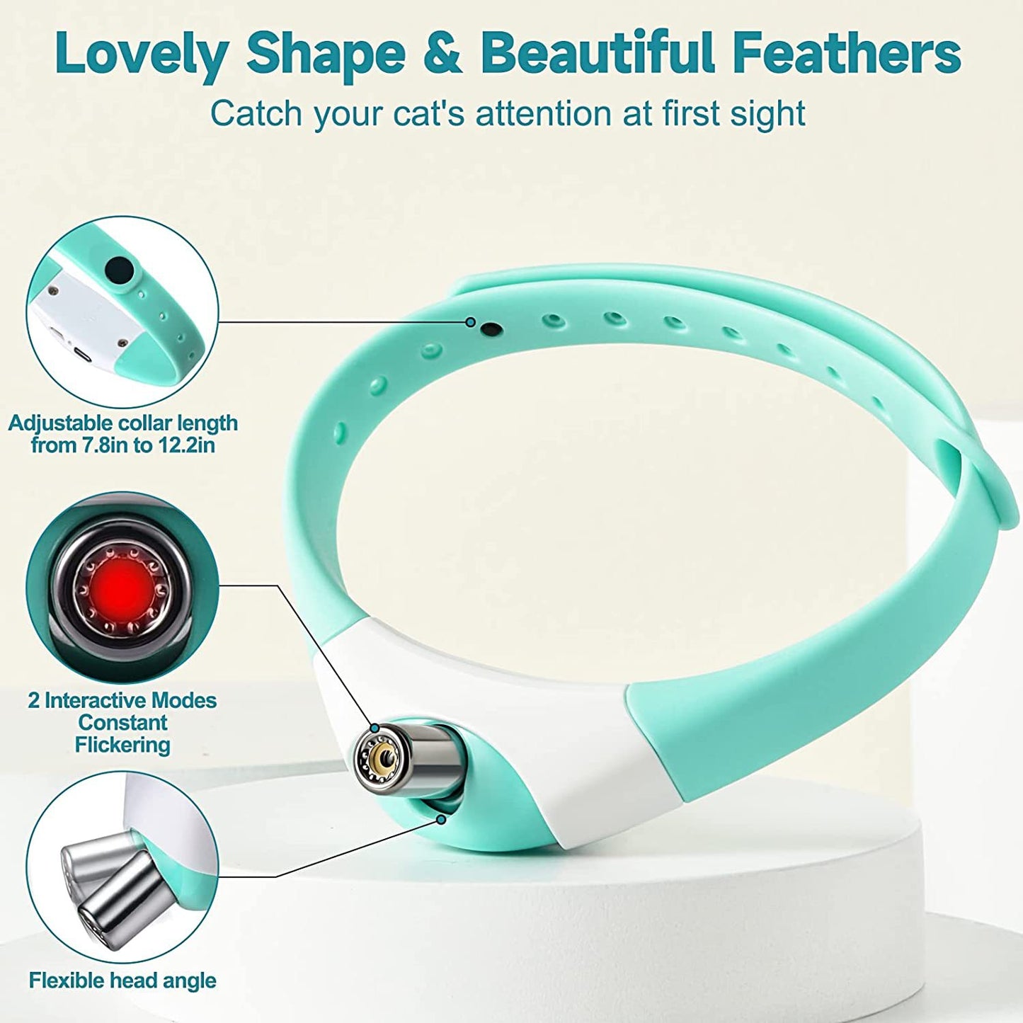 Turquoise adjustable laser cat collar with flexible head angle, two interactive modes, and constant flickering LED light