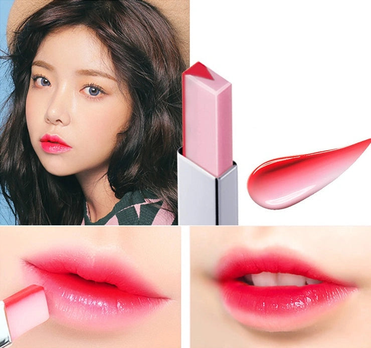Two-tone V-cut lipstick swatched with creamy red-to-nude gradient
