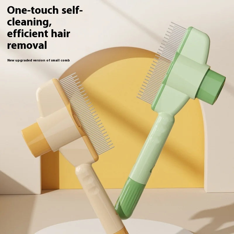 Two hair removal brushes, one beige and one green, on a neutral background with text about self-cleaning and efficient hair removal.