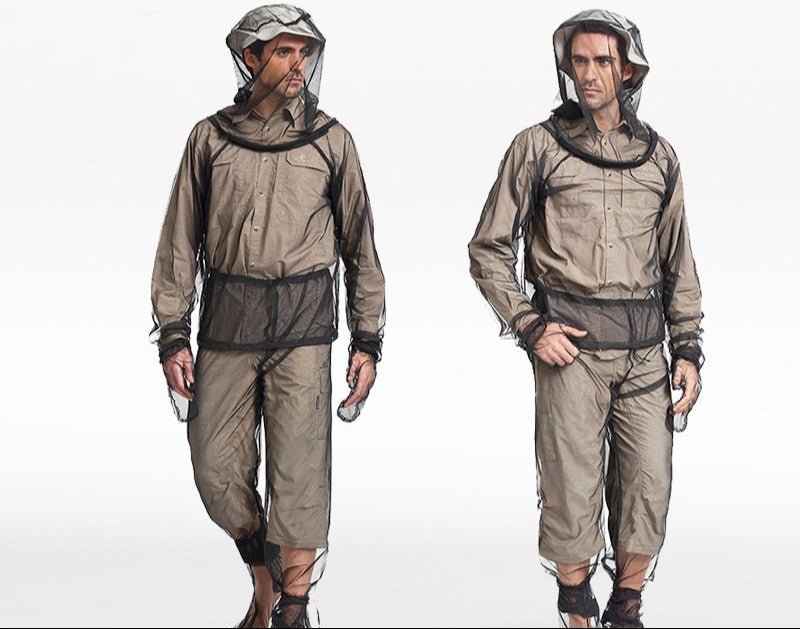 Two models wearing a beige insect repellent suit on a white background