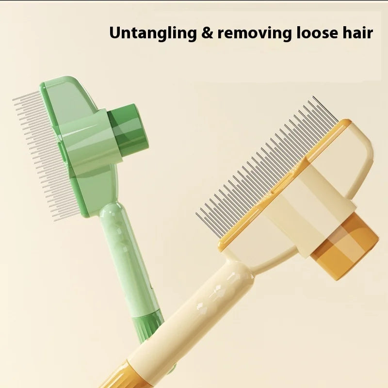 Two pet grooming brushes, one green and one beige, on a light beige background with text about hair removal.